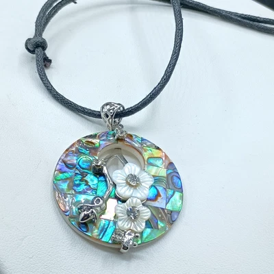 Lee Sands Pendant Necklace Abalone Inlay MOP 3D Carved Flower CZ Sterling Silver - Image 1 of 4