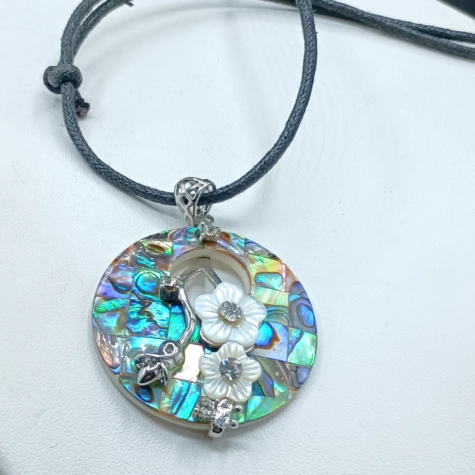 Lee Sands Pendant Necklace Abalone Inlay MOP 3D Carved Flower CZ Sterling Silver - Image 1 of 4