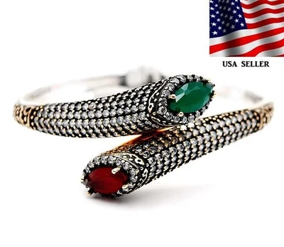 Ottoman Empire Style 11CT Treated Ruby & Emerald 925 Sterling Silver Bracelet  - Image 1 of 3
