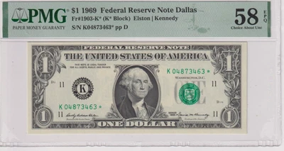 **BELOW COST** Fr 1903-K* 1969 $1 FRN K04873463* PMG 58EPQ DALLAS GREEN *STAR* - Image 1 of 2