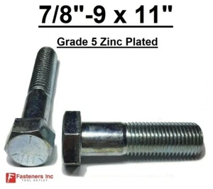 7/8-9 x 11" Hex Bolt Zinc Plated Grade 5 Cap Screw Coarse Partial Thread - Picture 1 of 8
