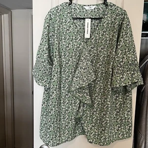 Agnus Orinda 3X Floral Blouse Women's Ruffle Loose V Neck Smocked Spring Green - Picture 1 of 9