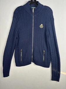 Lauren Ralph Lauren Sweater Womens XL Blue Cable Knit Crown Crescent Zip 3186 - Picture 1 of 13