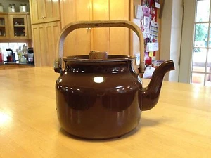 Vintage Teapot Brown Porcelain Clad Graniteware Bentwood Handle  - Picture 1 of 5