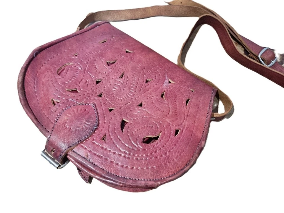 Burgundy Red Tooled Leather Saddle Bag Moroccan Vintage Boho Hippie festival - Image 1 of 4