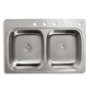 KOHLER Drop-In Kitchen Sink 33" 4-Hole Double-Bowl Insulated 20G Stainless Steel - Picture 1 of 10