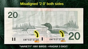 VARIETY💥 MISALIGNED DIGITS '2 0' + RADAR 3 digit 0272720- Canada $20 1991 BIRDS - Picture 1 of 7
