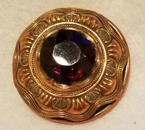 SUPER EXTRA-LARGE PIERCED BRASS GAY 90'S BUTTON W/A FACETED PURPLE STONE 1-7/8" Cover