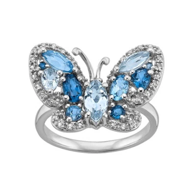 Anillo mariposa topacio azul y zafiro blanco creado en plata de ley Foto 1 de 2