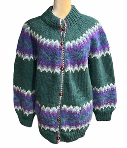 Cardigan maglione lana lavorato a mano grosso vintage verde Ecuador taglia M/L DIFETTI LEGGI - Foto 1 di 8