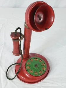 Vintage Spielzeug Telefon Drehscheibe 8" rot Metall & Holz gebraucht - Bild 1 von 6