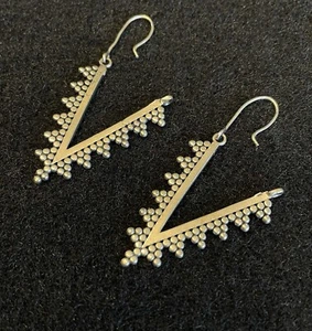 Artisan Handmade Silver Geometric V Shape Dangle Hoop Earrings - Picture 1 of 11
