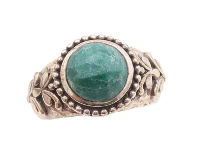 925 Sterling Silver Vintage Ring Round Green Gemstone Swirly Carved Sz10 RG29719 - Image 1 of 4