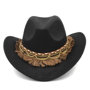 Otoño Invierno Unisex Lana Western Ala Ancha Sombrero de Vaquero con Borla Cinturón de Cuero  - Imagen 1 de 23