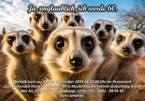 Lustige Einladungskarten Geburtstag 30,40,50,60,70 Erdmännchen inkl. Umschläge - Bild 1 von 1