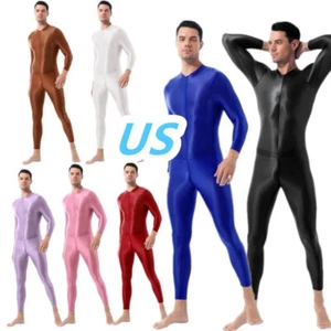 Men's Nylon Long Sleeve Bodysuit One Piece Mock Neck Jumpsuit Bodystockings - Picture 1 of 85