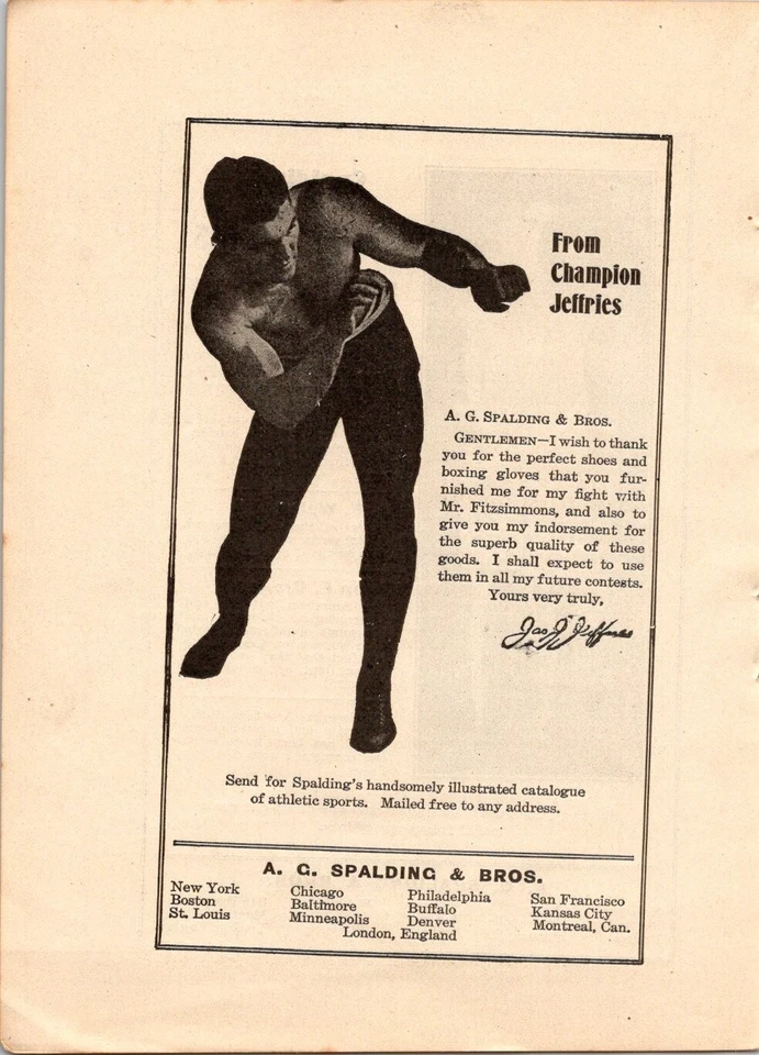 Anuncio impreso antiguo original James Jeffries campeón de boxeo Spalding 1904 AG Foto 1 de 1