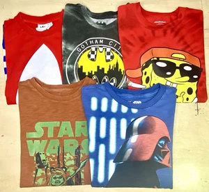 Lot X5 Youth T-Shirts Boys Medium Adidas Batman SpongeBob Darth Vader Ewok Set - Picture 1 of 21