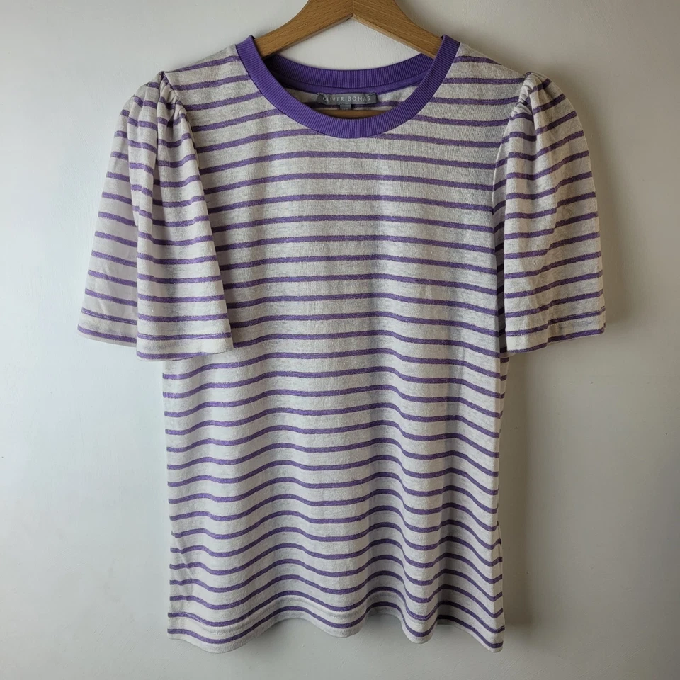 Oliver Bonas Women 8 White Purple Stripe Linen Blend T-shirt Top Casual Relaxed - Image 1 of 4