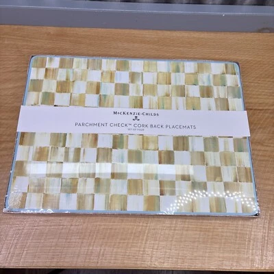 MacKenzie Childs Parchment Check Cork Back Placemats Set of 4 Retired NIP - Image 1 of 4