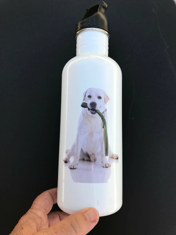 BOTELLA DE AGUA BLANCA DEPORTIVA DE ACERO INOXIDABLE 25 OZ con laboratorio en la foto lateral. Foto 1 de 4