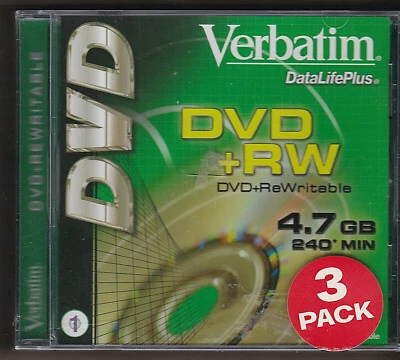 Verbatim DVD+RW 3 Pack 4.7 GB Data 2.4X Speed Rewritable DataLifePlus NEW! - Image 1 of 2