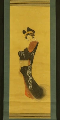 ARTE DE ROLLO COLGANTE JAPONÉS Pintura "Belleza Kimon" Ukiyoe Asiática Antigua #E8502 Foto 1 de 4