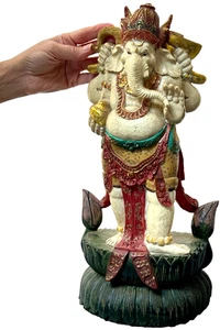VINTAGE BALINESE STATUE STANDING GANESHA HAND CARVED PAINTED POLYCHROME UBUD - Picture 1 of 22