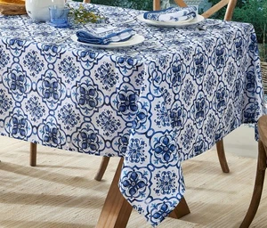 52 x 70 Inch Rectangle Fabric Tablecloth, Blue Amani Tile Print, Indoor Outdo... - Picture 1 of 9