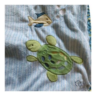 Cocalo Turtle Fish Reversible Blue Green Stripe Baby Blanket 30"x38" READ - Image 1 of 4
