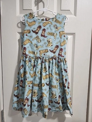 Платье ручной работы для девочек 7/8 — принт ковбойских сапог в стиле вестерн — синее - Изображение 1 из 4