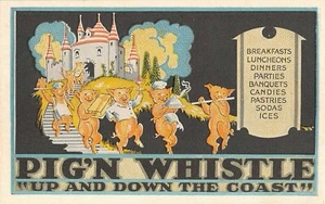 Tarjeta postal publicitaria Art Deco de restaurantes Pig'n Whistle años 20 - Imagen 1 de 2