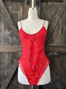 Fantasy Lingerie Red Sexy Red Teddy Sheer Leaves Print High Leg Cut Sz- Medium - Picture 1 of 14