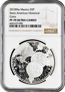 Mexico 5 pesos 2010, NGC PF70 UC, "Ibero-America - Historical Coins" Top Pop - Picture 1 of 2
