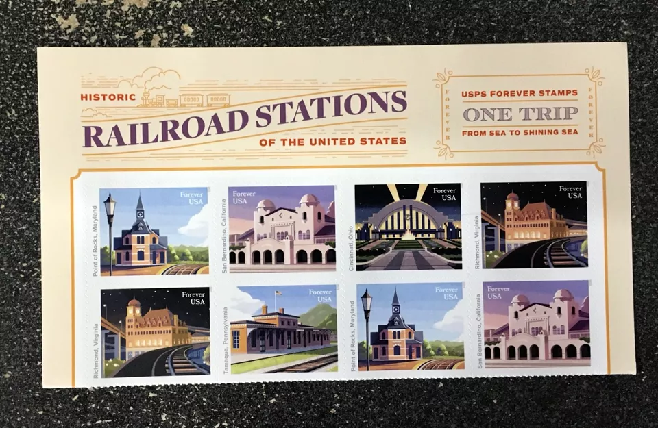 2023USA #5758-5762 Forever Historic Railroad Stations - Header Block of 8   Mint - Image 1 of 1