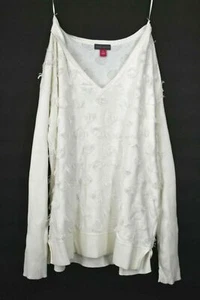 Vince Camuto Womens White Long Sleeves Floating Fringe Dot V-Neck Sweater $99 L - Picture 1 of 1
