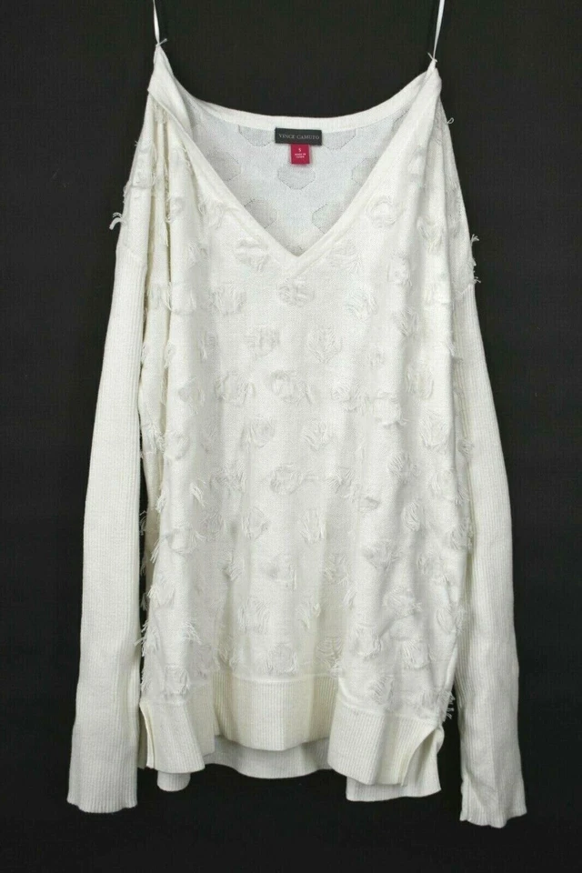 Suéter Vince Camuto Mujer Blanco Mangas Largas Flotante Flecos Punto Cuello en V $99 L Foto 1 de 1