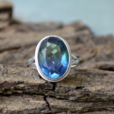 Blue Green Oval Tourmaline Quartz 925 Sterling Silver Artisan Handmade Gift Ring - Image 1 of 4