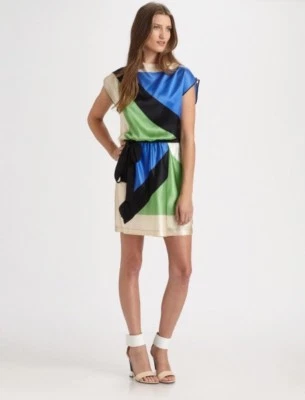 NUEVO CON ETIQUETAS VESTIDO ROBERT RODRIGUEZ Mondrian 100 % seda con cinturón talla 0 Xpequeño precio de venta sugerido por el fabricante $395 Foto 1 de 4