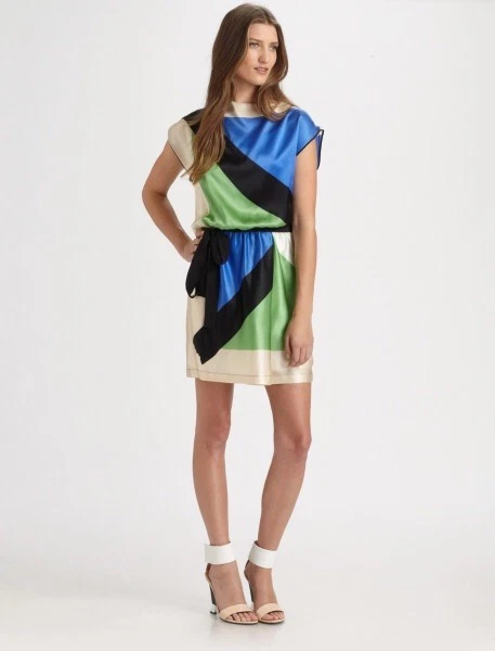 NUEVO CON ETIQUETAS VESTIDO ROBERT RODRIGUEZ Mondrian 100 % seda con cinturón talla 0 Xpequeño precio de venta sugerido por el fabricante $395 Foto 1 de 1