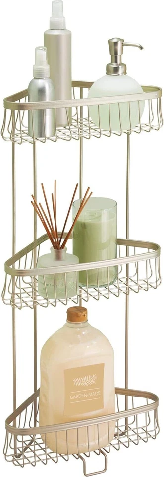 Carrito de ducha de pie con esquina de alambre de metal iDesign York estante de baño de 3 niveles satinado  Foto 1 de 4