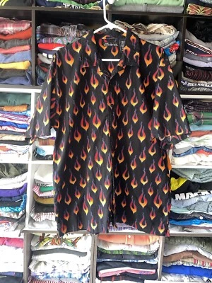 Винтажная рубашка без границ пламя на пуговицах пламя мужская L Tribal Y2K панк коньки - Изображение 1 из 4