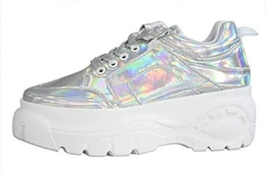 LUCKY STEP Women Chunky Leather Iridescent Platform Sneaker, Silver White SZ 8.5 - Picture 1 of 5