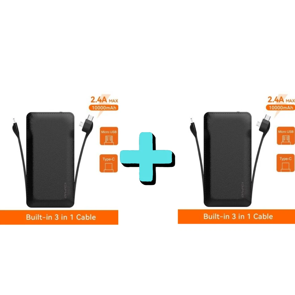 Banco de alimentación de carga rápida 10000 mAh con cable Micro IOS tipo C - NEGRO x 2 Foto 1 de 1