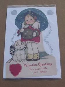 NEW VTG Look Valentine Die-Cut Card Laughing Elephant Little Girl Umbrella Cat - Picture 1 of 5