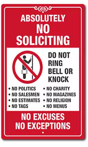 No Soliciting Sign No Exceptions Don't Knock Front Door Home Business Security - Picture 1 of 4