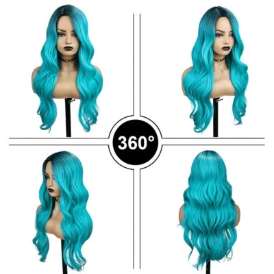 Длинный многослойный полный парик ~21-28 дюймов омбре от черного до бирюзового синего термостойкий 3 расчески - Изображение 1 из 4