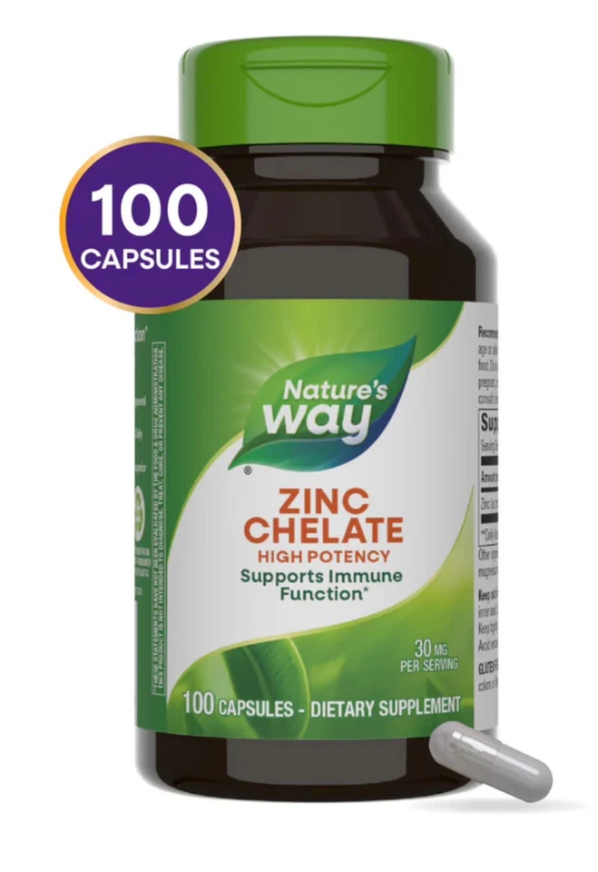 Nature's Way, Quelato de Zinc, 30 mg, Paquete de 2 100 Cápsulas cada una (200 en total) Exp 03/27 Foto 1 de 4
