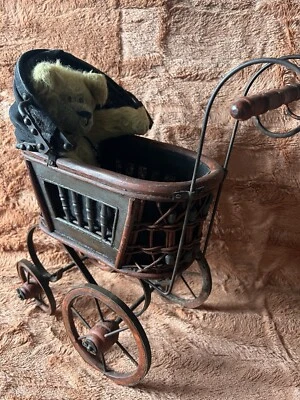 Antique Victorian Baby Doll Stroller Vintage Wicker Wood Iron & April Ann bear  - Image 1 of 4
