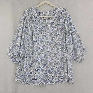Rose + Olive Shirt Womens 1X Blue Floral Smocked Button Up  Blouse Cottagecore - Picture 1 of 9